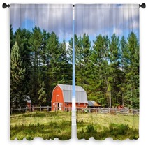A Red Barn In Countryside Window Curtains 48140550