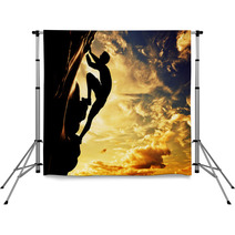 A Silhouette Of Man Climbing On Mountain At Sunset. Adrenaline Backdrops 61621308
