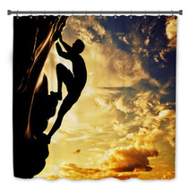 A Silhouette Of Man Climbing On Mountain At Sunset. Adrenaline Bath Decor 61621308