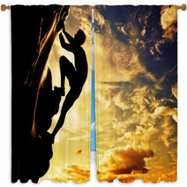 A Silhouette Of Man Climbing On Mountain At Sunset. Adrenaline Window Curtains 61621308