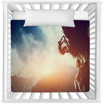 A Silhouette Of Man Climbing On Rock, Mountain At Sunset. Nursery Decor 62334793