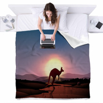 A Sunset At The Desert With A Kangaroo Blankets 50593591
