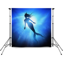 A Swimming Mermaid Silhouette With A Long Fish Tail In The Deep Blue Sea Mythical Creature Of The Ocean Mixed Media Illustration Backdrops 197218384