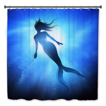 A Swimming Mermaid Silhouette With A Long Fish Tail In The Deep Blue Sea Mythical Creature Of The Ocean Mixed Media Illustration Bath Decor 197218384