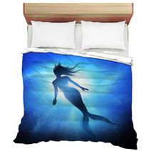 A Swimming Mermaid Silhouette With A Long Fish Tail In The Deep Blue Sea Mythical Creature Of The Ocean Mixed Media Illustration Bedding 197218384