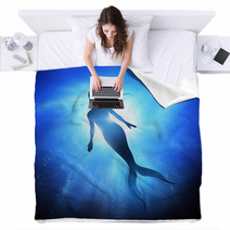 A Swimming Mermaid Silhouette With A Long Fish Tail In The Deep Blue Sea Mythical Creature Of The Ocean Mixed Media Illustration Blankets 197218384