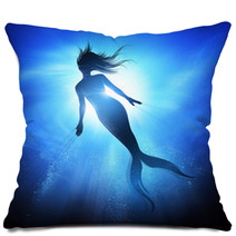 A Swimming Mermaid Silhouette With A Long Fish Tail In The Deep Blue Sea Mythical Creature Of The Ocean Mixed Media Illustration Pillows 197218384