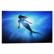 A Swimming Mermaid Silhouette With A Long Fish Tail In The Deep Blue Sea Mythical Creature Of The Ocean Mixed Media Illustration Rugs 197218384