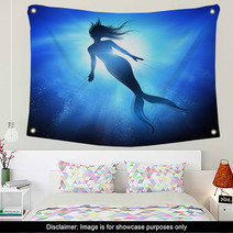 A Swimming Mermaid Silhouette With A Long Fish Tail In The Deep Blue Sea Mythical Creature Of The Ocean Mixed Media Illustration Wall Art 197218384