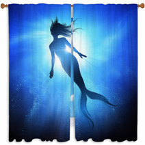 A Swimming Mermaid Silhouette With A Long Fish Tail In The Deep Blue Sea Mythical Creature Of The Ocean Mixed Media Illustration Window Curtains 197218384