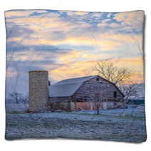 Abandoned Barn During A Snow Storm And Sunset Blankets 244531284