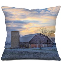Abandoned Barn During A Snow Storm And Sunset Pillows 244531284