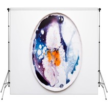 Abstract Artistic Image Of Colorful Splash Similar To Explosion On Round Plate Watercolor Plumps Of Bright Orange Deep Violet And Blue Colors On White Background Backdrops 168859541
