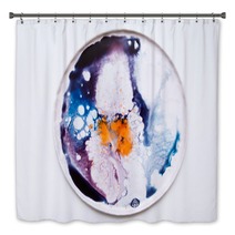Abstract Artistic Image Of Colorful Splash Similar To Explosion On Round Plate Watercolor Plumps Of Bright Orange Deep Violet And Blue Colors On White Background Bath Decor 168859541