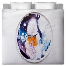 Abstract Artistic Image Of Colorful Splash Similar To Explosion On Round Plate Watercolor Plumps Of Bright Orange Deep Violet And Blue Colors On White Background Bedding 168859541
