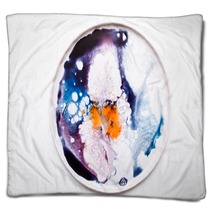 Abstract Artistic Image Of Colorful Splash Similar To Explosion On Round Plate Watercolor Plumps Of Bright Orange Deep Violet And Blue Colors On White Background Blankets 168859541