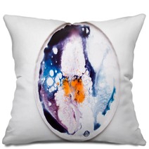 Abstract Artistic Image Of Colorful Splash Similar To Explosion On Round Plate Watercolor Plumps Of Bright Orange Deep Violet And Blue Colors On White Background Pillows 168859541