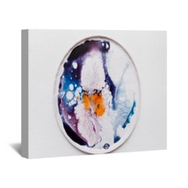 Abstract Artistic Image Of Colorful Splash Similar To Explosion On Round Plate Watercolor Plumps Of Bright Orange Deep Violet And Blue Colors On White Background Wall Art 168859541