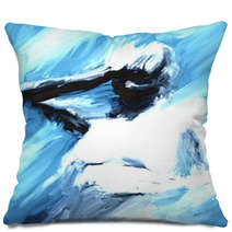 Abstract Artistic Oil Painting Of A Woman Holding Her Head In Blue And White Colors Pillows 211973412