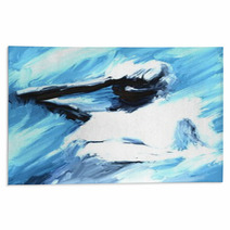 Abstract Artistic Oil Painting Of A Woman Holding Her Head In Blue And White Colors Rugs 211973412