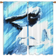 Abstract Artistic Oil Painting Of A Woman Holding Her Head In Blue And White Colors Window Curtains 211973412