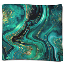 Abstract Background Fashion Fake Stone Texture Malachite Emerald Green Agate Or Marble Slab With Gold Glitter Veins Wavy Lines Painted Artificial Marbled Surface Artistic Marbling Illustration Blankets 279023754