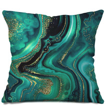 Abstract Background Fashion Fake Stone Texture Malachite Emerald Green Agate Or Marble Slab With Gold Glitter Veins Wavy Lines Painted Artificial Marbled Surface Artistic Marbling Illustration Pillows 279023754
