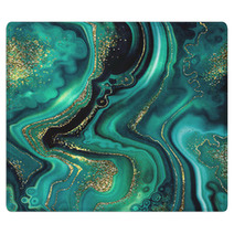 Abstract Background Fashion Fake Stone Texture Malachite Emerald Green Agate Or Marble Slab With Gold Glitter Veins Wavy Lines Painted Artificial Marbled Surface Artistic Marbling Illustration Rugs 279023754