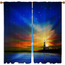 Abstract Background With Silhouette Of Lighthouse Window Curtains 60015734
