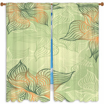 Abstract Floral Background With Flowers   Grunge In Green Color Window Curtains 61101182