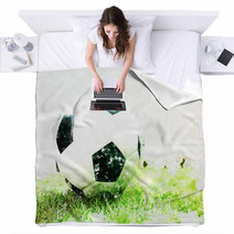 Abstract Football Ball On Green Grass Watercolor Painting Background Blankets 202187655