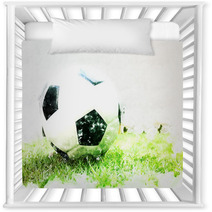 Abstract Football Ball On Green Grass Watercolor Painting Background Nursery Decor 202187655