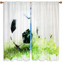 Abstract Football Ball On Green Grass Watercolor Painting Background Window Curtains 202187655