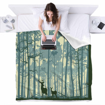 Abstract Illustration Of Wild Animals In Wood. Blankets 56443784