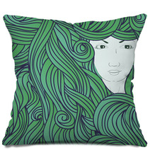 Abstract Illustration With Girl In Waves Pillows 73147218