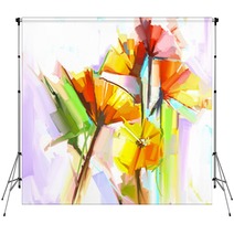 Abstract Oil Painting Of Spring Flowers Still Life Of Yellow And Red Gerbera Flowers Hand Painted Floral Impressionist Style Backdrops 91237981
