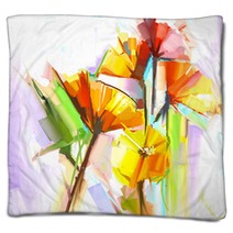 Abstract Oil Painting Of Spring Flowers Still Life Of Yellow And Red Gerbera Flowers Hand Painted Floral Impressionist Style Blankets 91237981