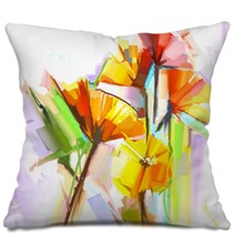 Abstract Oil Painting Of Spring Flowers Still Life Of Yellow And Red Gerbera Flowers Hand Painted Floral Impressionist Style Pillows 91237981