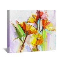 Abstract Oil Painting Of Spring Flowers Still Life Of Yellow And Red Gerbera Flowers Hand Painted Floral Impressionist Style Wall Art 91237981