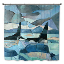 Abstract Painting Of Orcas Swimming Bath Decor 90991090