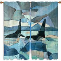Abstract Painting Of Orcas Swimming Window Curtains 90991090