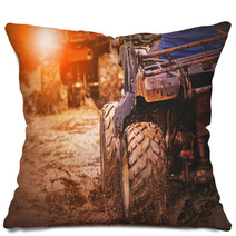 Action Shot Of Sport Atv Vehicle Running In Mud Track Pillows 168316221
