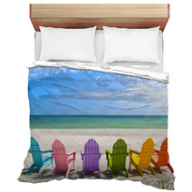 Adirondack Beach Chairs On A Sun Beach In Front Of A Holiday Vac Bedding 65357803