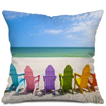 Adirondack Beach Chairs On A Sun Beach In Front Of A Holiday Vac Pillows 65357803