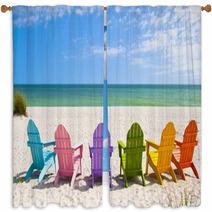 Adirondack Beach Chairs On A Sun Beach In Front Of A Holiday Vac Window Curtains 65357803