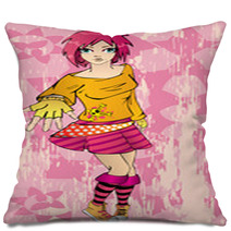 Adorable Emo Girl With Pink Hair Pillows 8631472