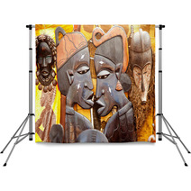African Handcraft Wood Carved Profile Faces Backdrops 41435204