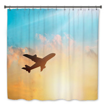 Airplane In The Clouds Sky In Sunset Pastel Color Bath Decor 116667948