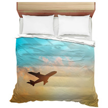 Airplane In The Clouds Sky In Sunset Pastel Color Bedding 116667948
