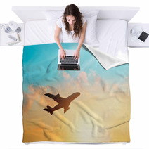 Airplane In The Clouds Sky In Sunset Pastel Color Blankets 116667948